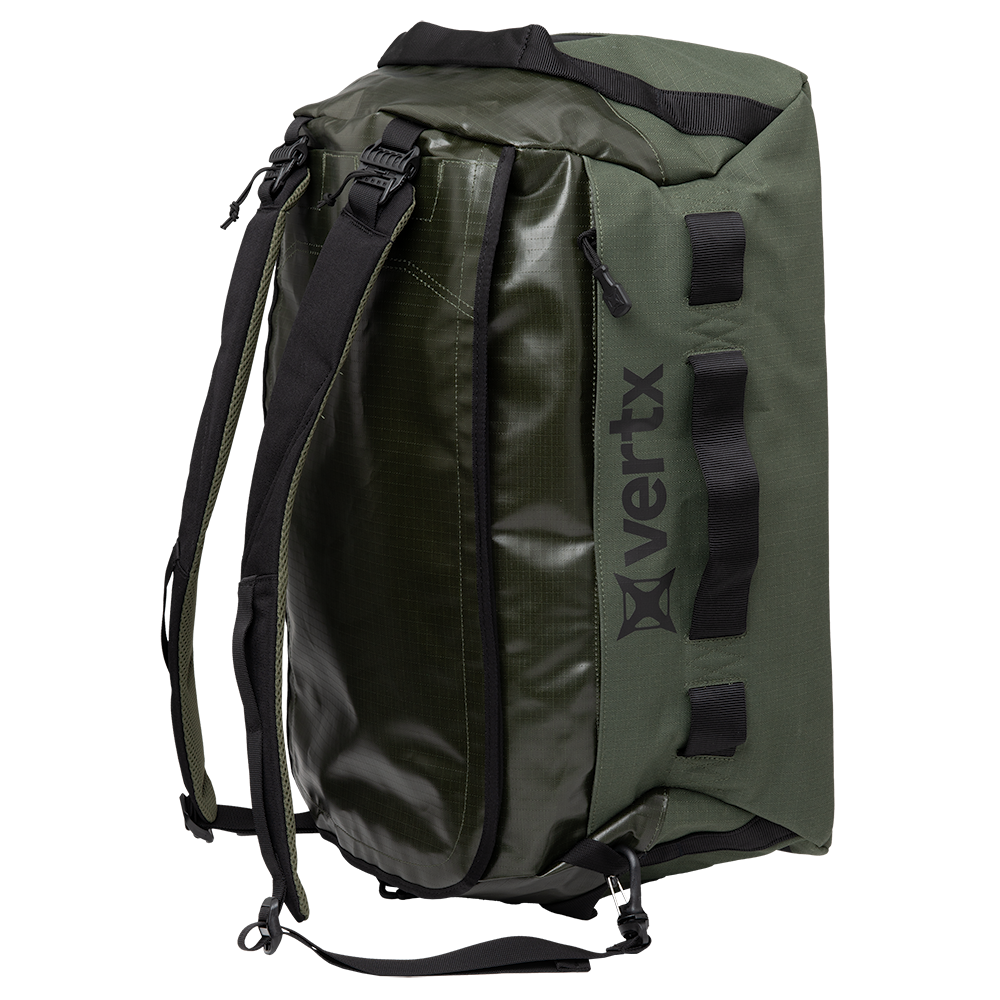 Product shot of a Vertx olive green duffel bag featuring black accents adjustable shoulder straps and a zippered main compartment