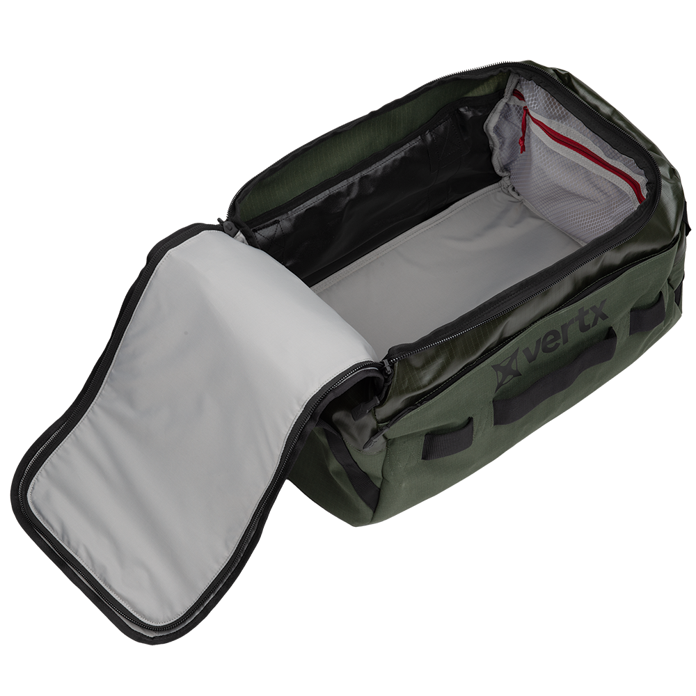 Product shot of a Vertx olive green duffel bag showing its spacious interior with grey lining a red zipper pull and black accents