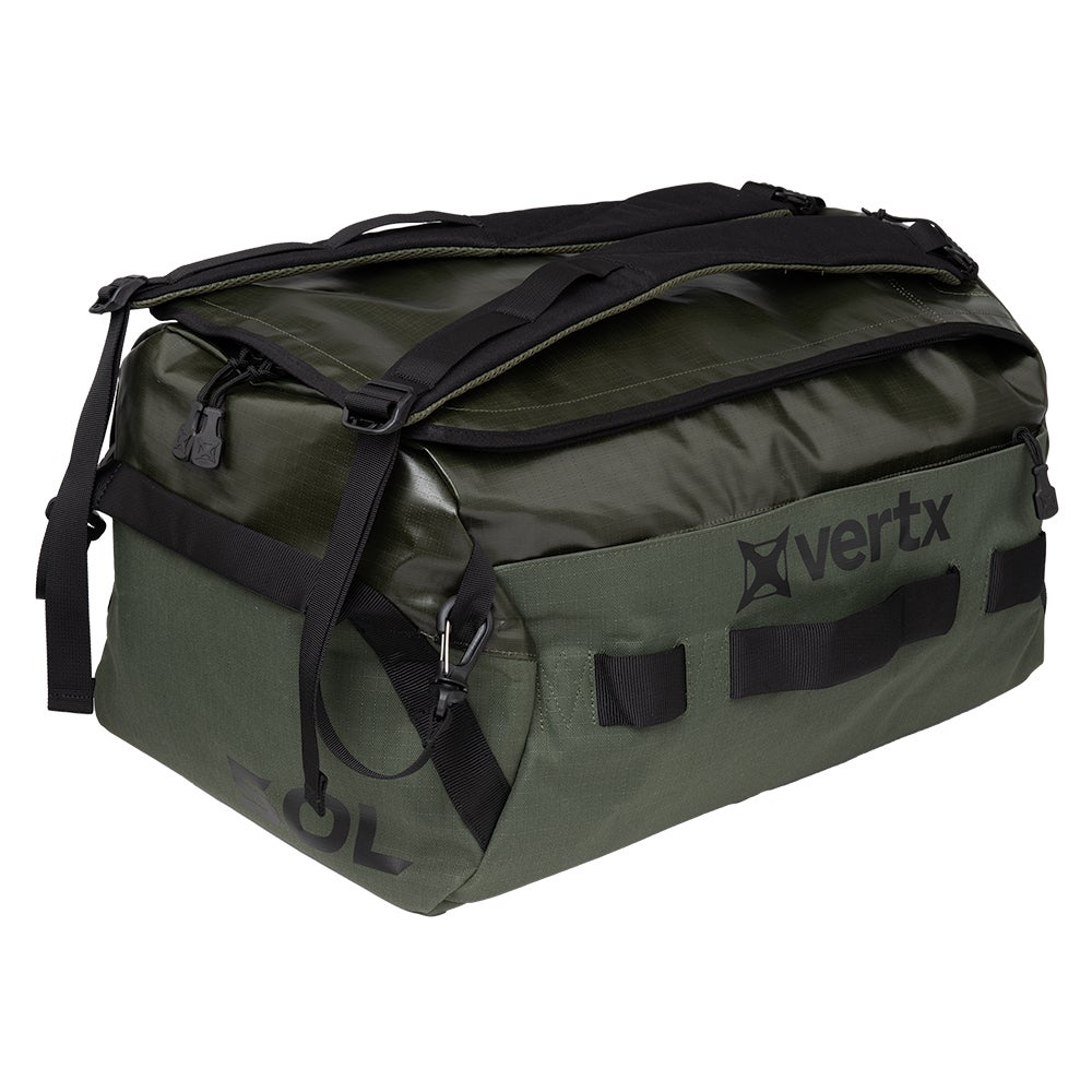 Product shot of a Vertx SOL olive green duffel bag featuring black accents, adjustable shoulder straps, and durable zipper pulls
