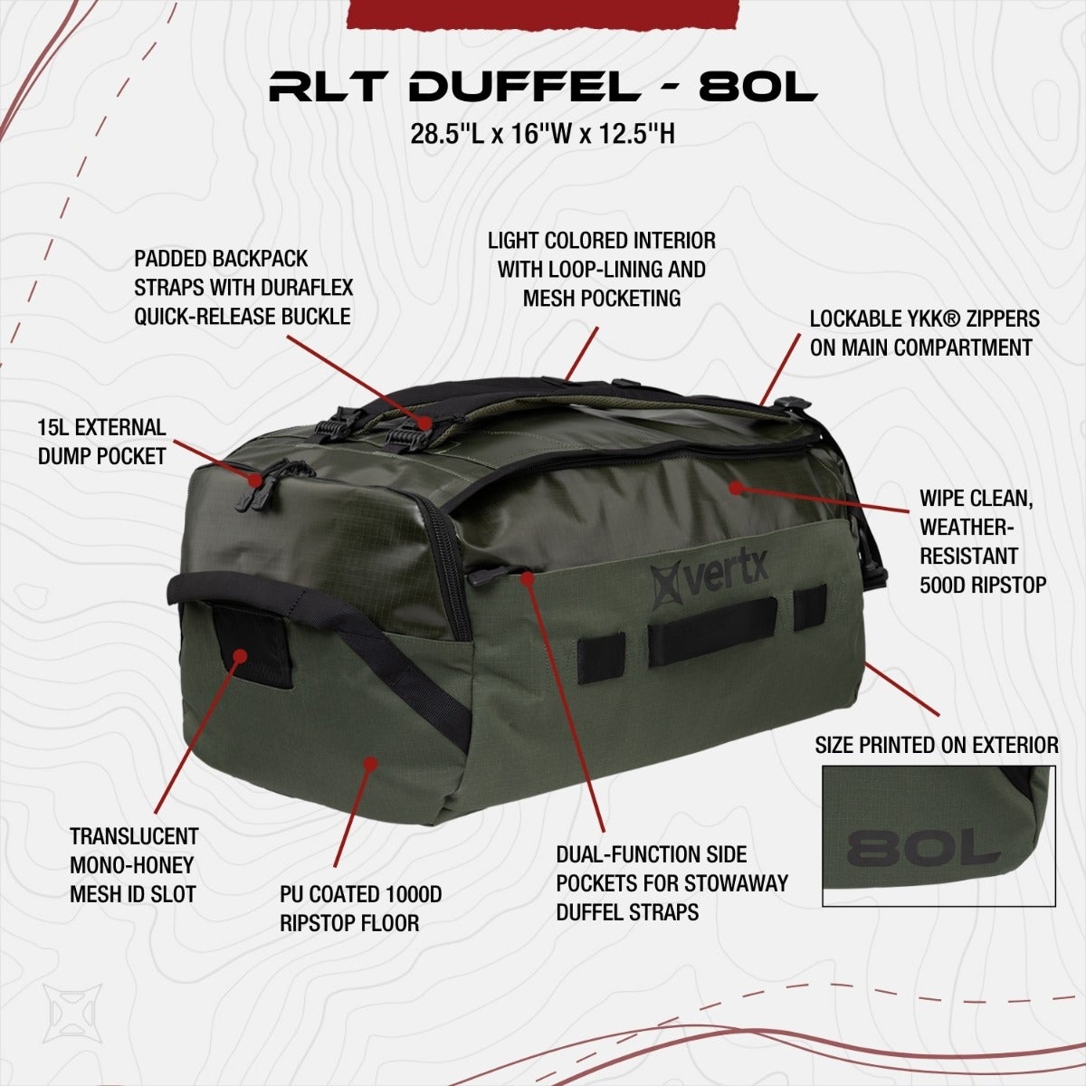 Product shot of a Vertx 80L olive green RLT Duffel bag featuring lockable zippers, a translucent mesh ID slot, and dual-function side pockets for stowaway duffel straps