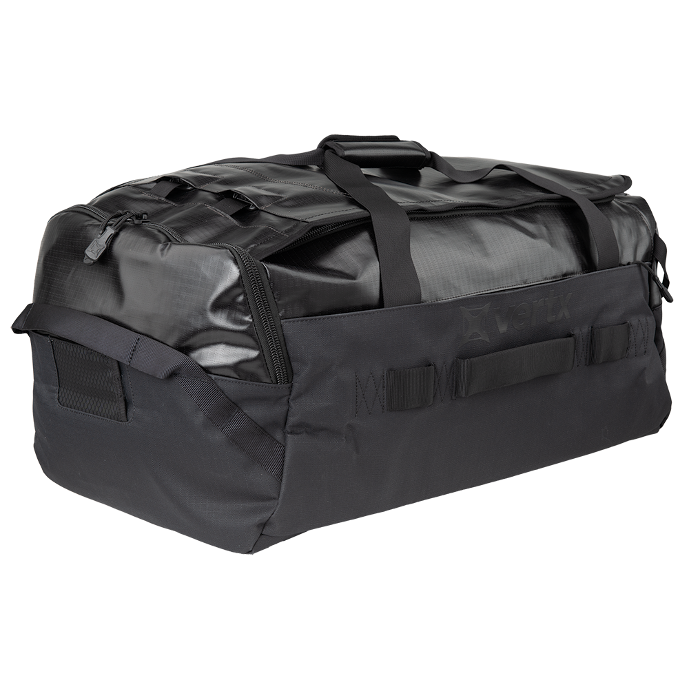 Product shot of a black Merix duffel bag featuring a waterproof top zippered compartment durable side straps and embossed branding