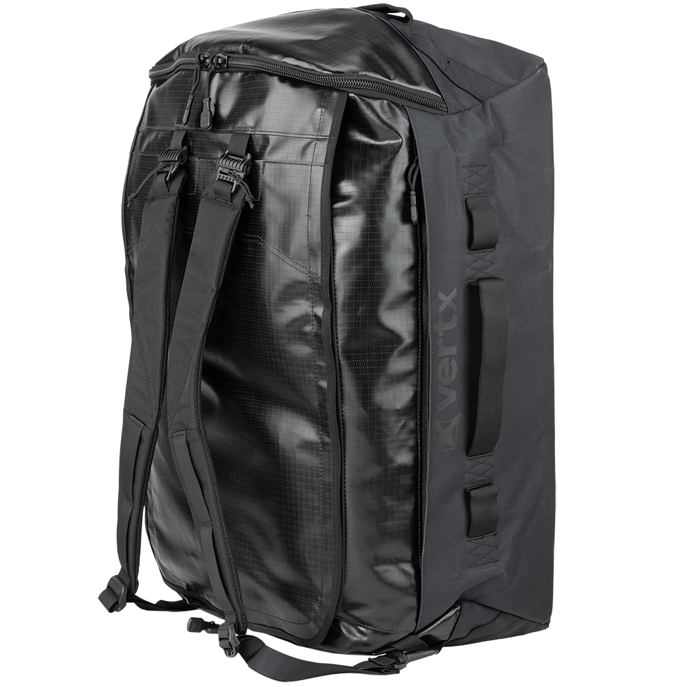 Product shot of a black Avertux duffel bag featuring adjustable backpack straps, a large main compartment, and textured waterproof fabric