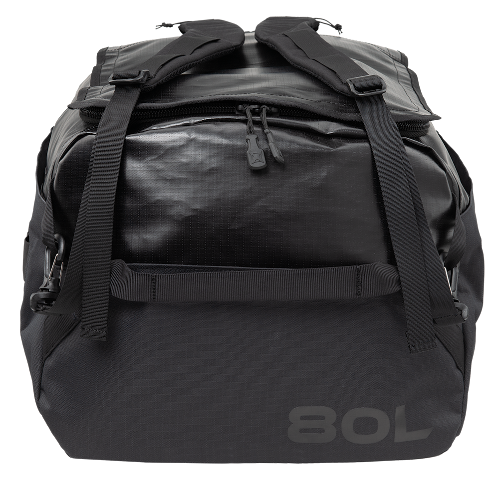 Product shot of a black 80L duffel bag showing durable straps a water-resistant zipper and embossed branding