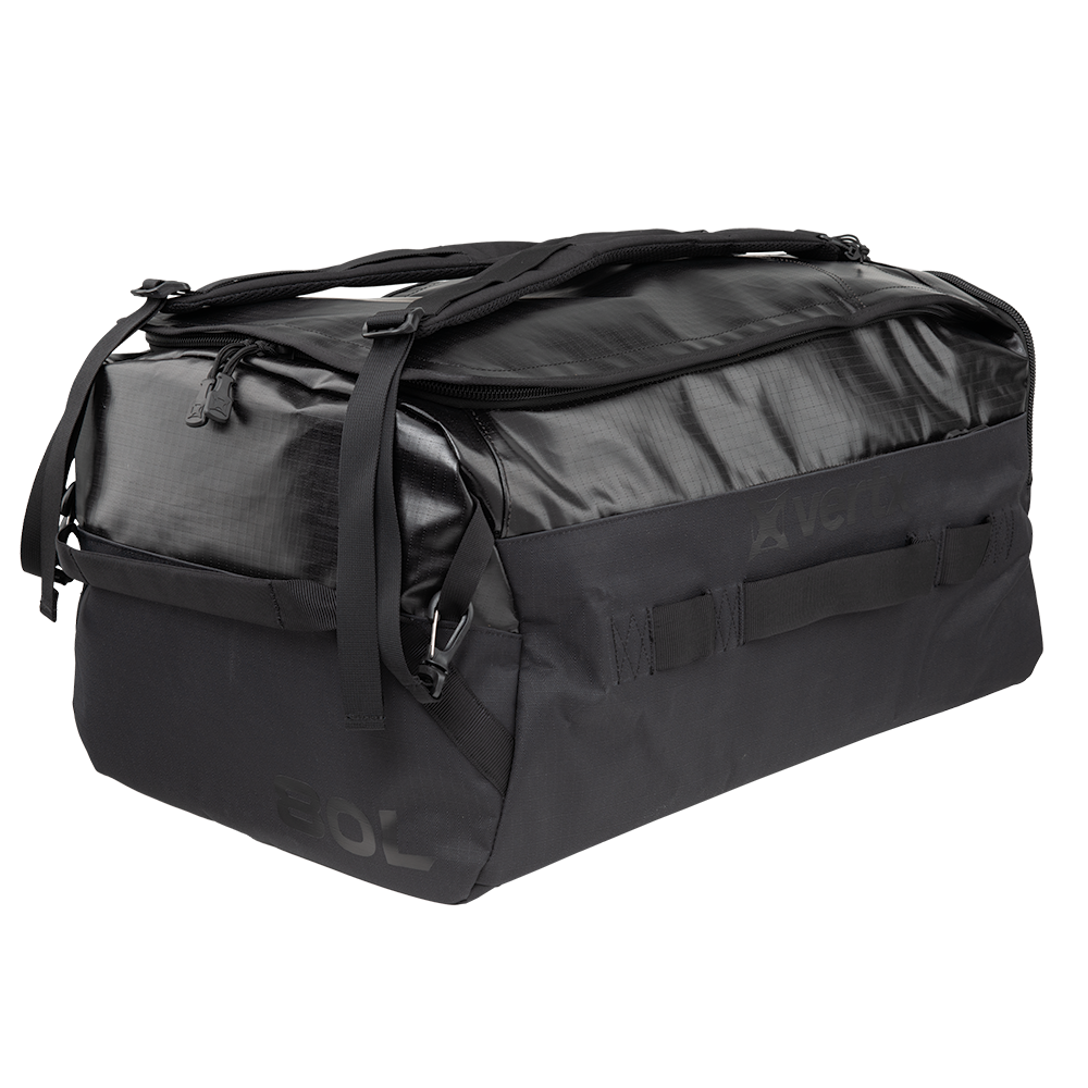 Product shot of a black Osprey rolling duffel bag featuring durable ripstop nylon, reinforced side straps, and a large main compartment with zipper closure