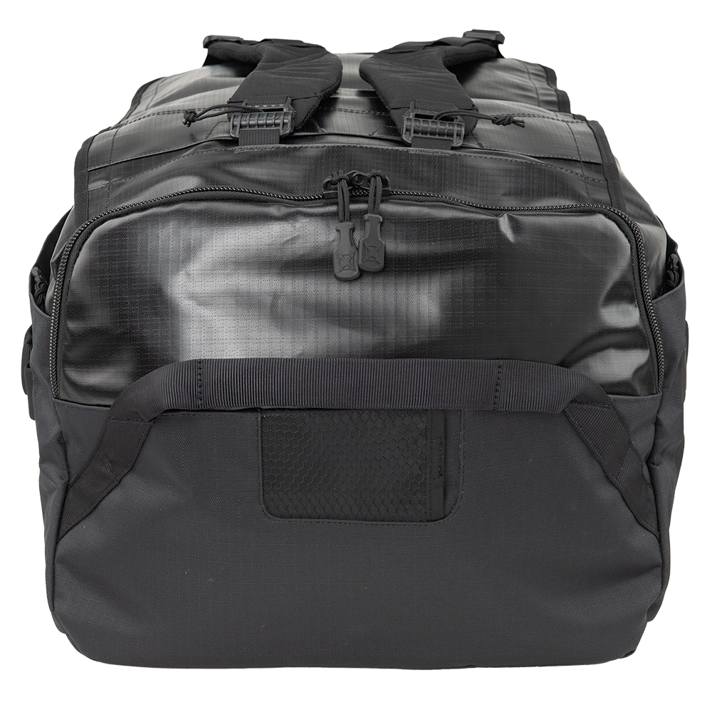 Product shot of a black duffel bag featuring padded shoulder straps, a zippered main compartment, and a mesh pocket