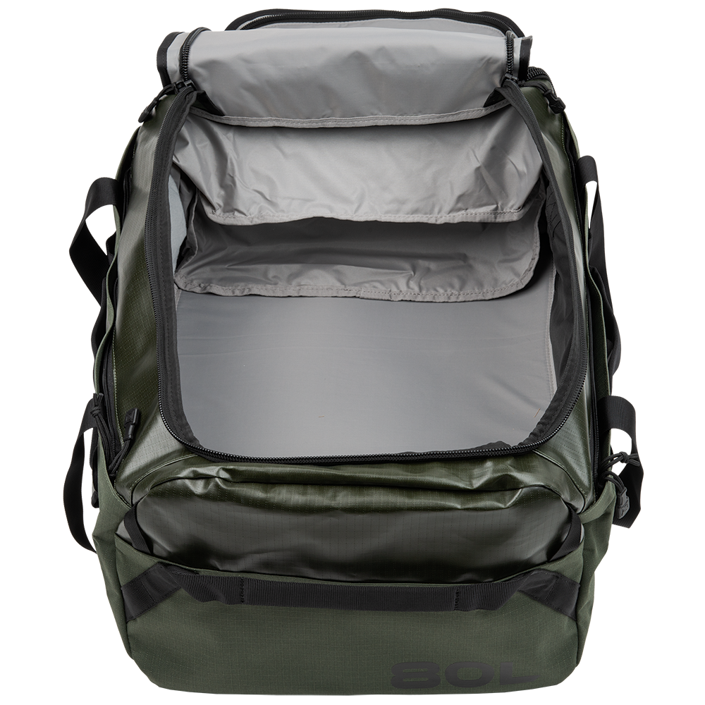 Product shot of an 80L 5.11 Tactical RUSH24 backpack showcasing its olive green exterior gray interior multiple zippered compartments and durable black straps