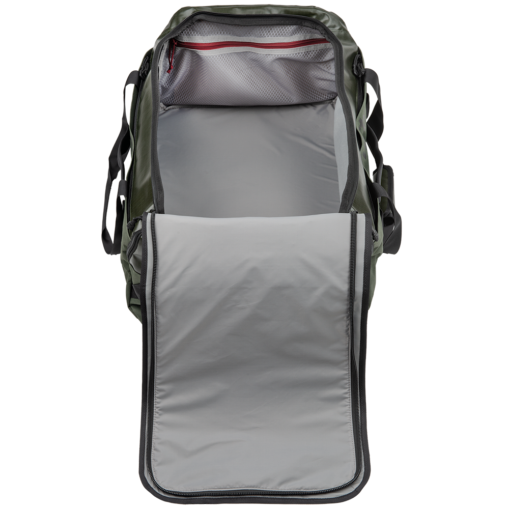 Product shot of an open olive-green duffel bag showing a gray interior with a red zipper detail and black accents