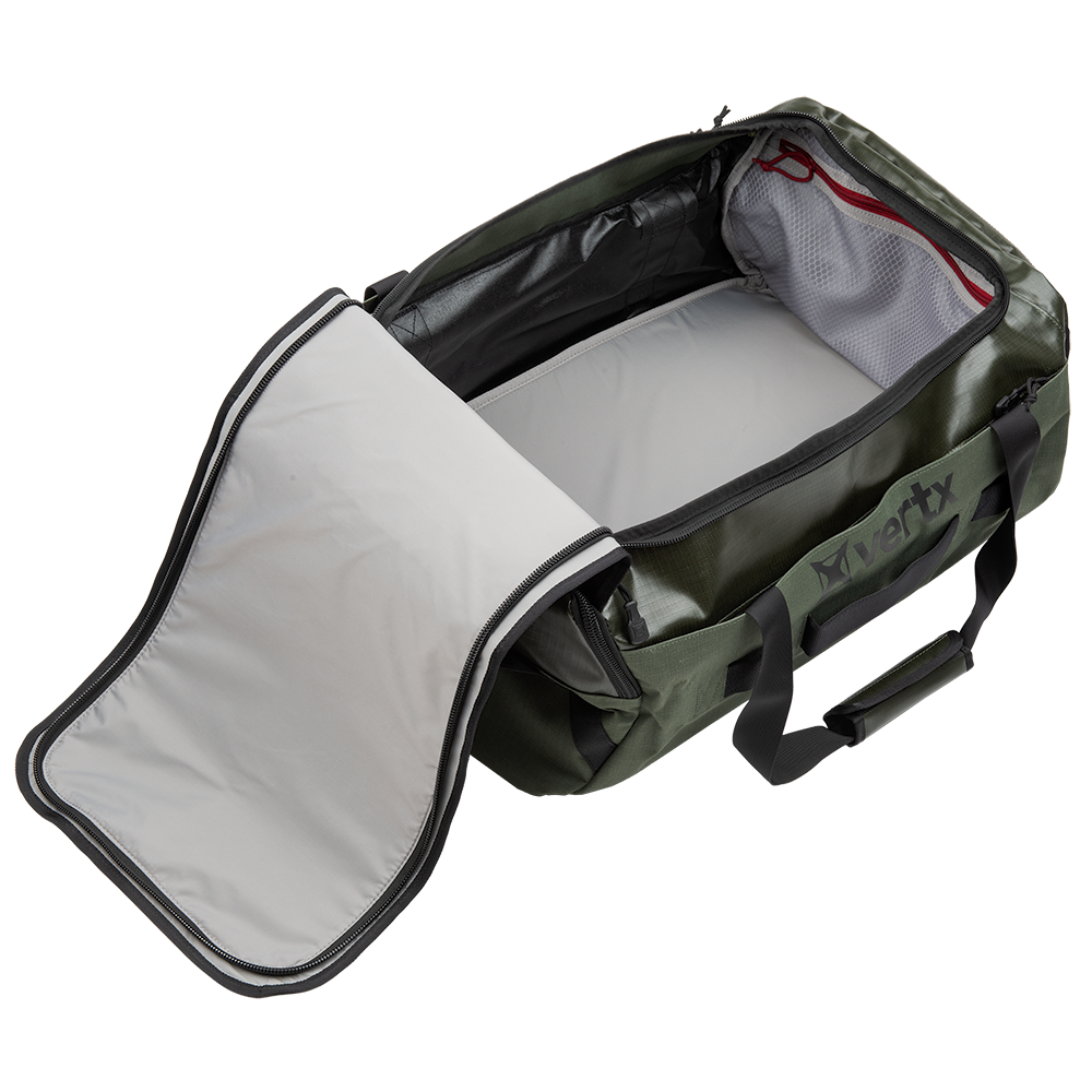 Product shot of a Vertx duffel bag showing its olive green exterior gray interior and red zipper pull