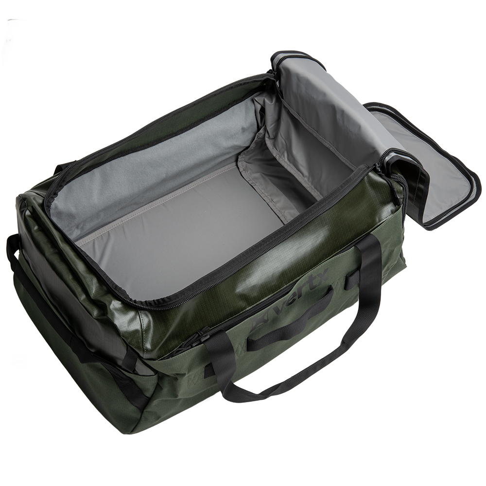 Product shot of a Vertex brand olive green duffel bag with gray interior showing spacious main compartment and zippered accessory pockets