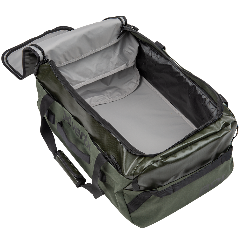 Product shot of a Vertx travel duffel bag featuring a spacious main compartment, a gray interior organizer, and durable olive green exterior
