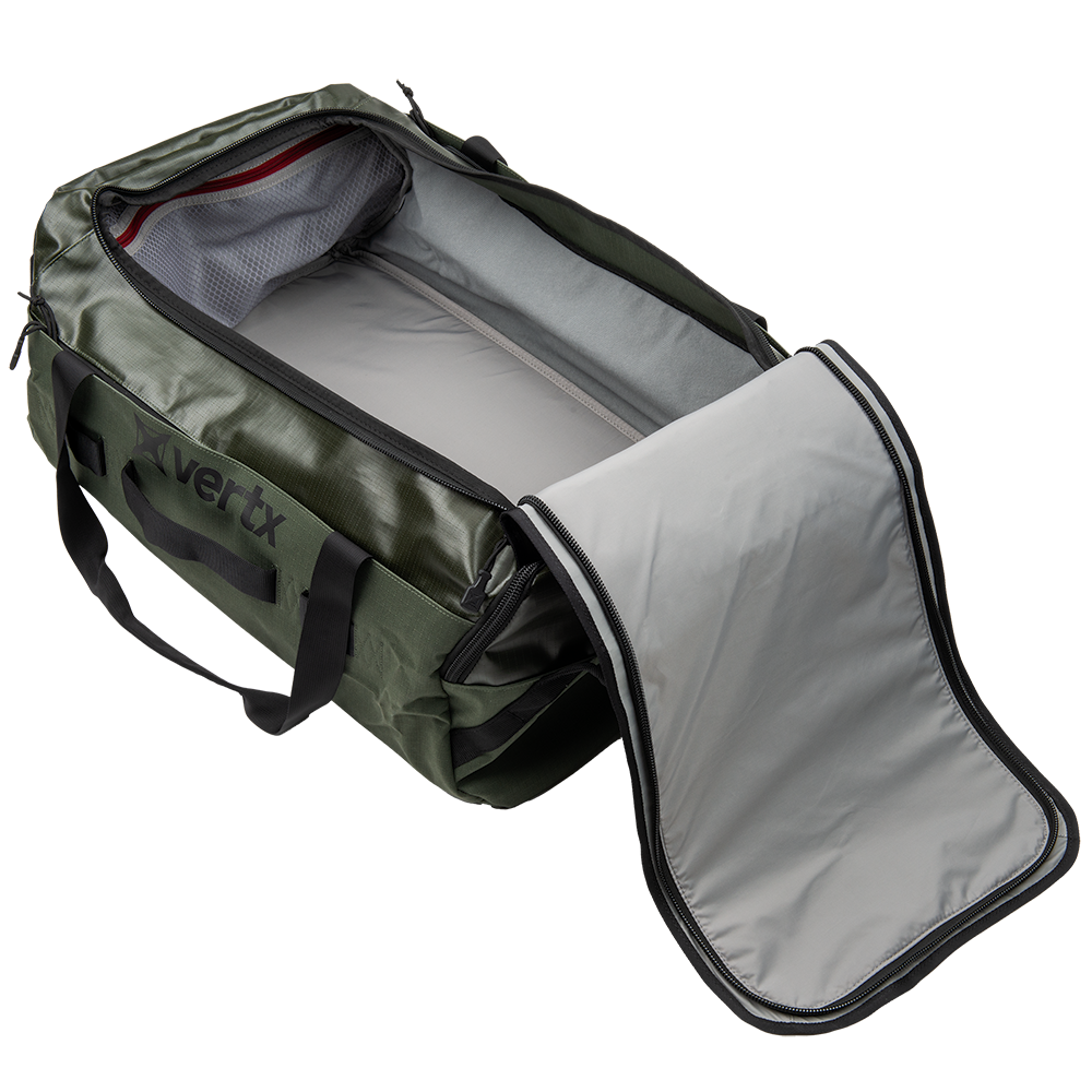 Product shot of a Vertx duffel bag showing its spacious interior with gray lining a zippered pocket and durable olive green exterior