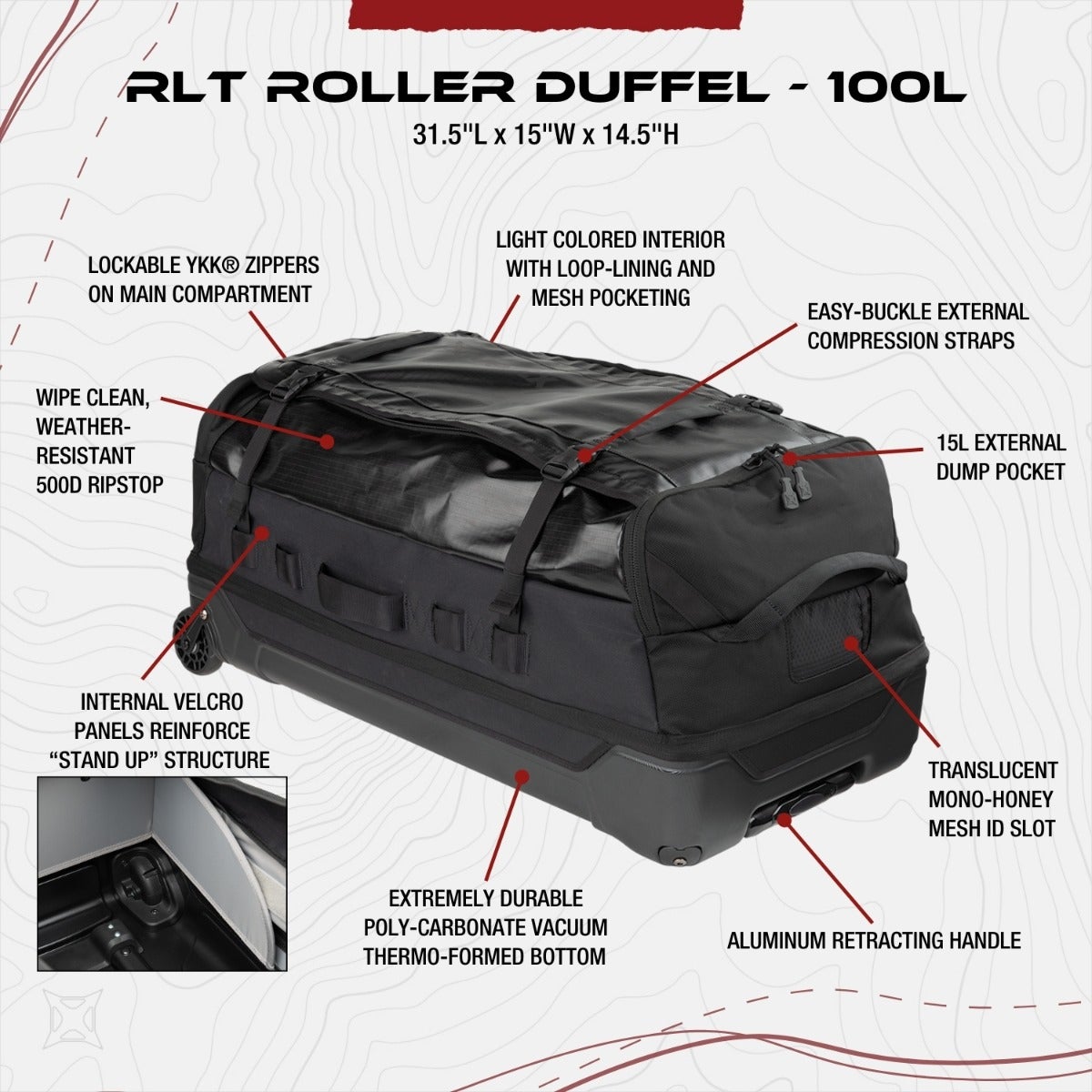 Product shot of a black RLT Roller Duffel bag featuring a 15L external pocket, lockable zippers, and an aluminum retracting handle showcasing its durable construction and light-colored interior