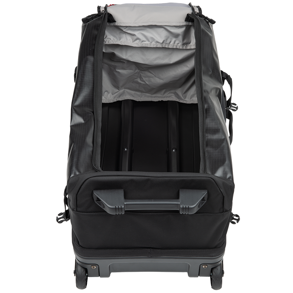 Product shot of a black wheeled duffel bag showing its interior gray lining and sturdy handle with visible zipper and wheels.