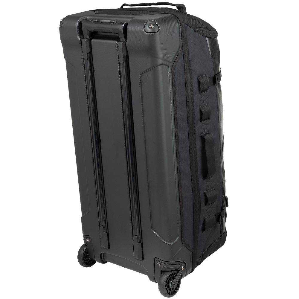 Product shot of a black wheeled duffel bag featuring a retractable handle durable fabric and multiple external straps