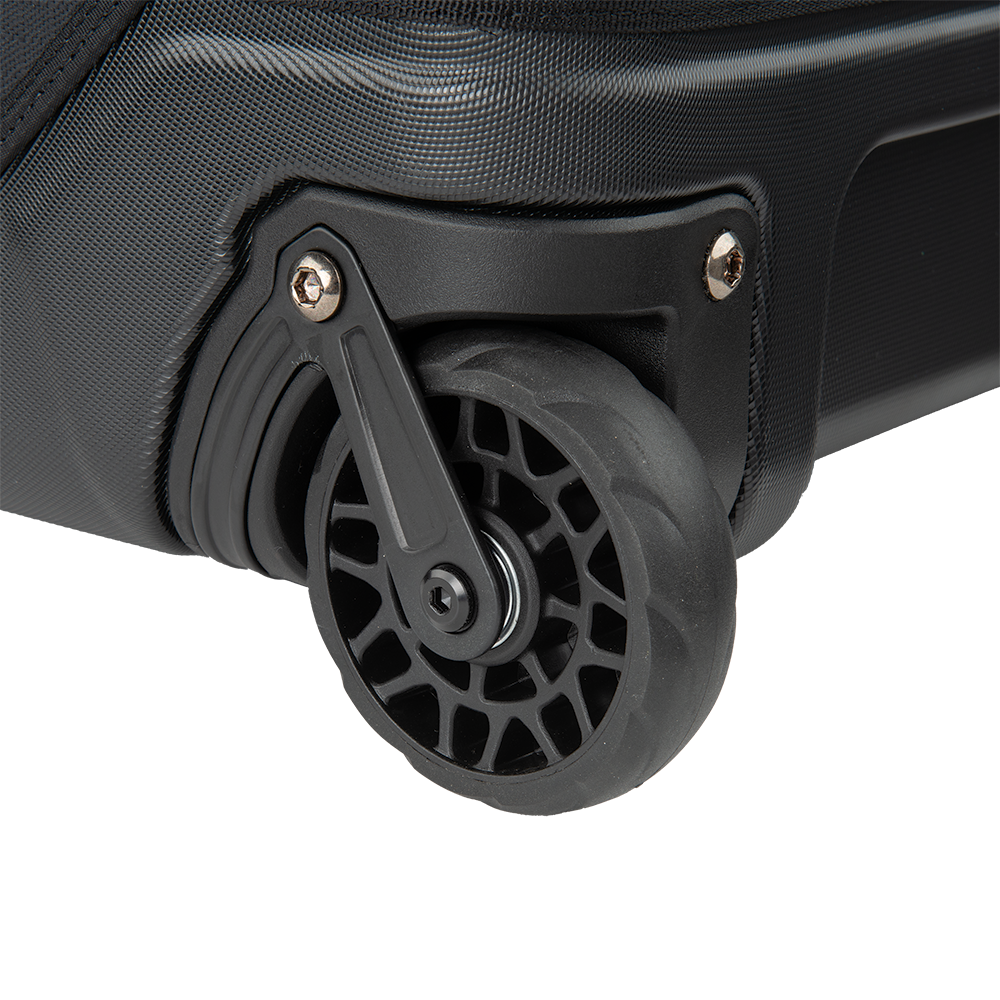 Close-up product shot of a black rolling luggage wheel featuring a textured surface, visible screws, and a spoke-like design