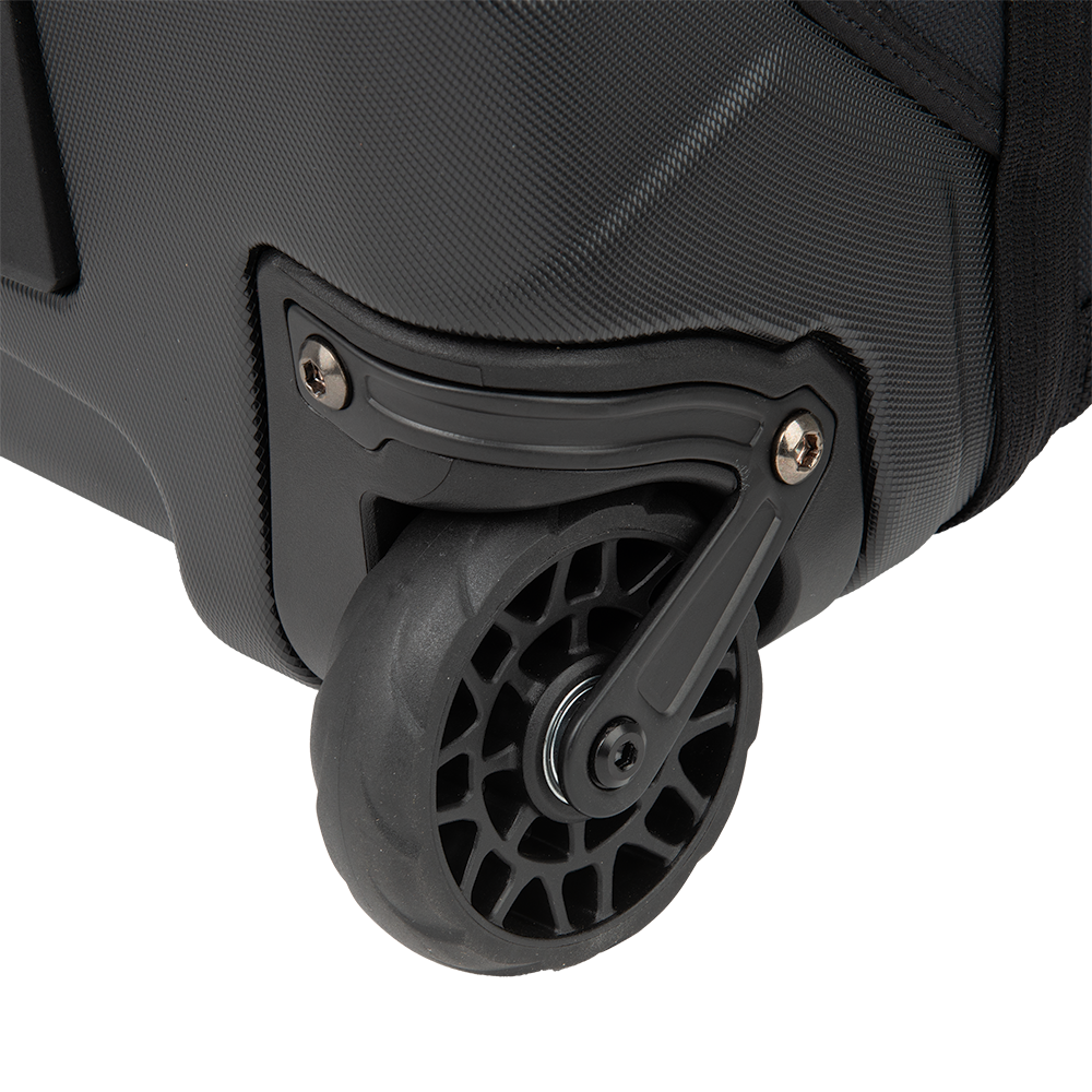 Close-up product shot of a black wheeled luggage featuring a textured surface, visible screws, and a detailed wheel design
