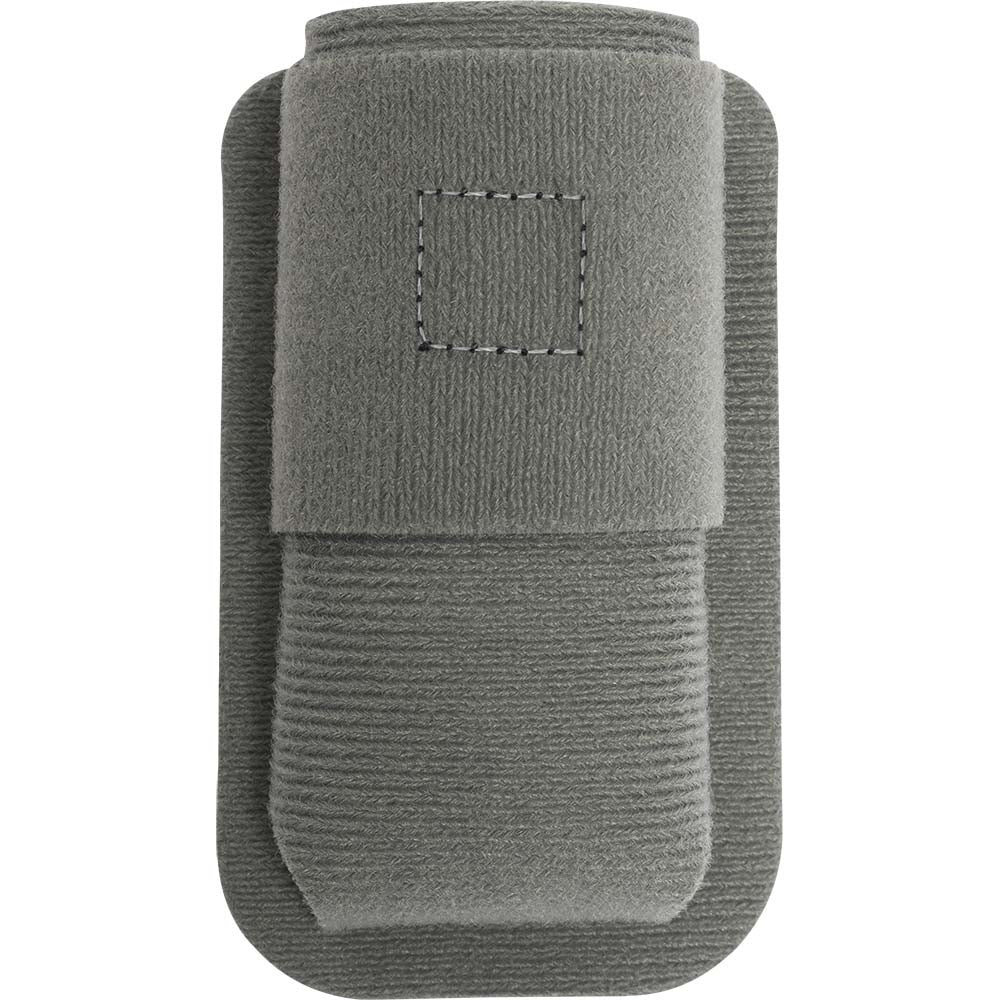 Product image showing a gray fabric phone case with a ribbed texture a stitched detail and a rolled top