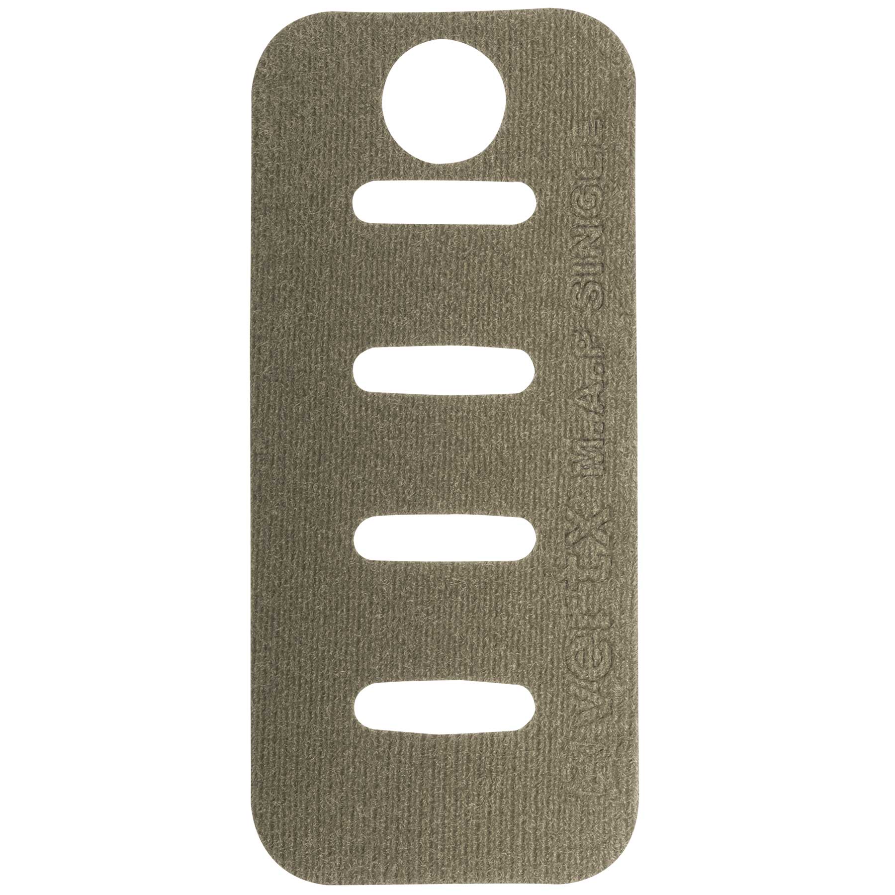 Velcro brand, olive drab textile rectangle with five cutouts, showing a textured surface and the words VELCRO and WEAR-RESISTANT SLING.