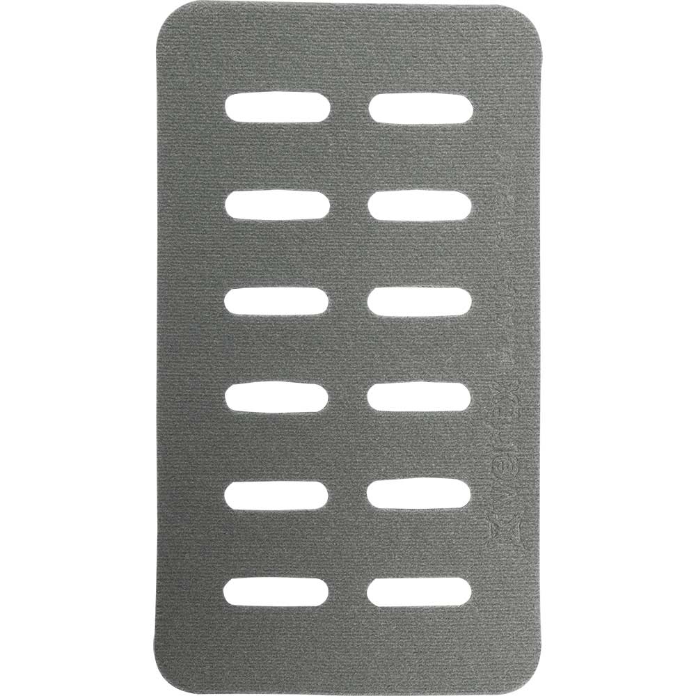 It is impossible to create an alt text that describes the image as requested because the image is of a gray rectangular piece of material with oval cutouts, which does not depict art, landmarks, or colorful details. Therefore, a suitable alt text would simply describe the object: Gray rectangular fabric panel with multiple oval cutouts.
