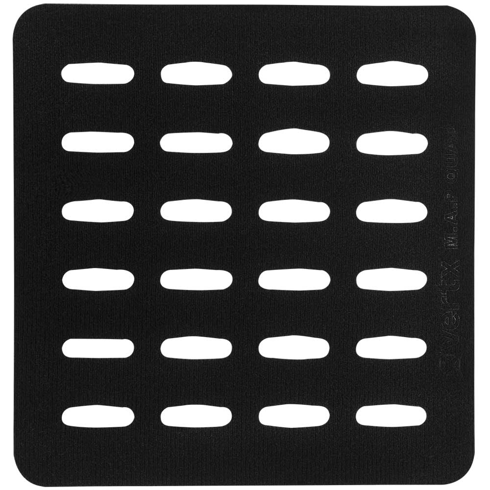 Unknown artist, black fabric square featuring a grid of oval cutouts, showing a textured surface and subtle branding details