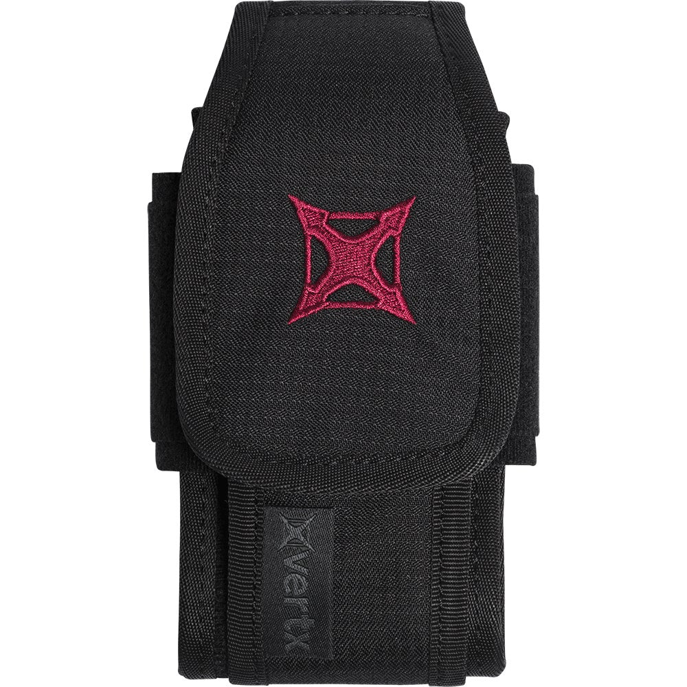Black fabric Divertx cell phone pouch featuring a maroon embroidered logo and gray text