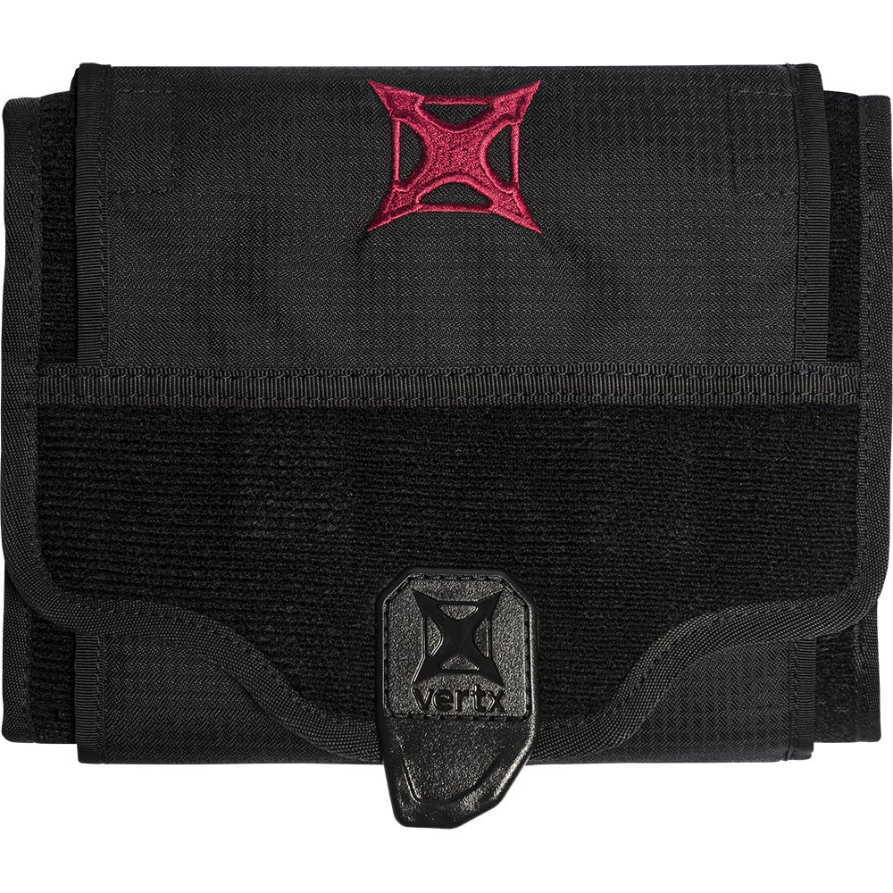 Product shot of a black Vertx EDC pouch featuring a dark-red embroidered X a textured fabric and a black leather-like closure