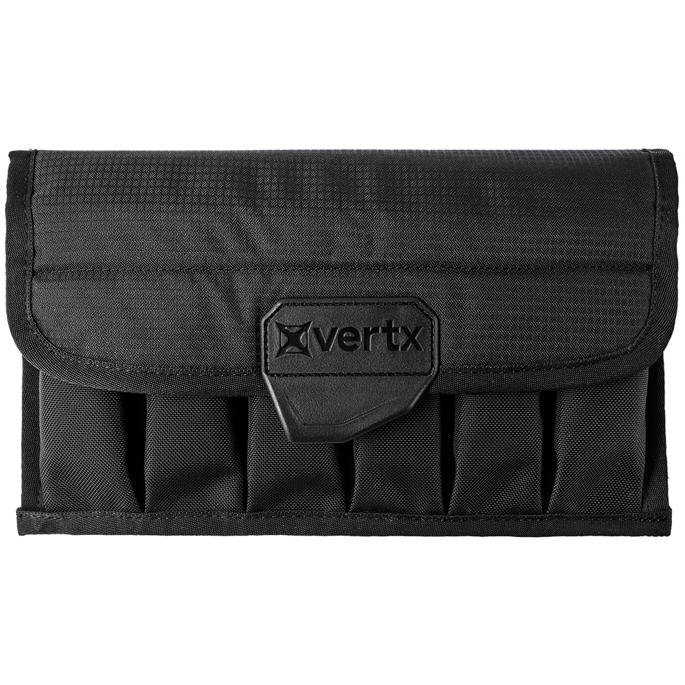 Product shot of a Vertx black tactical pouch featuring a textured fabric six individual compartments and a raised logo