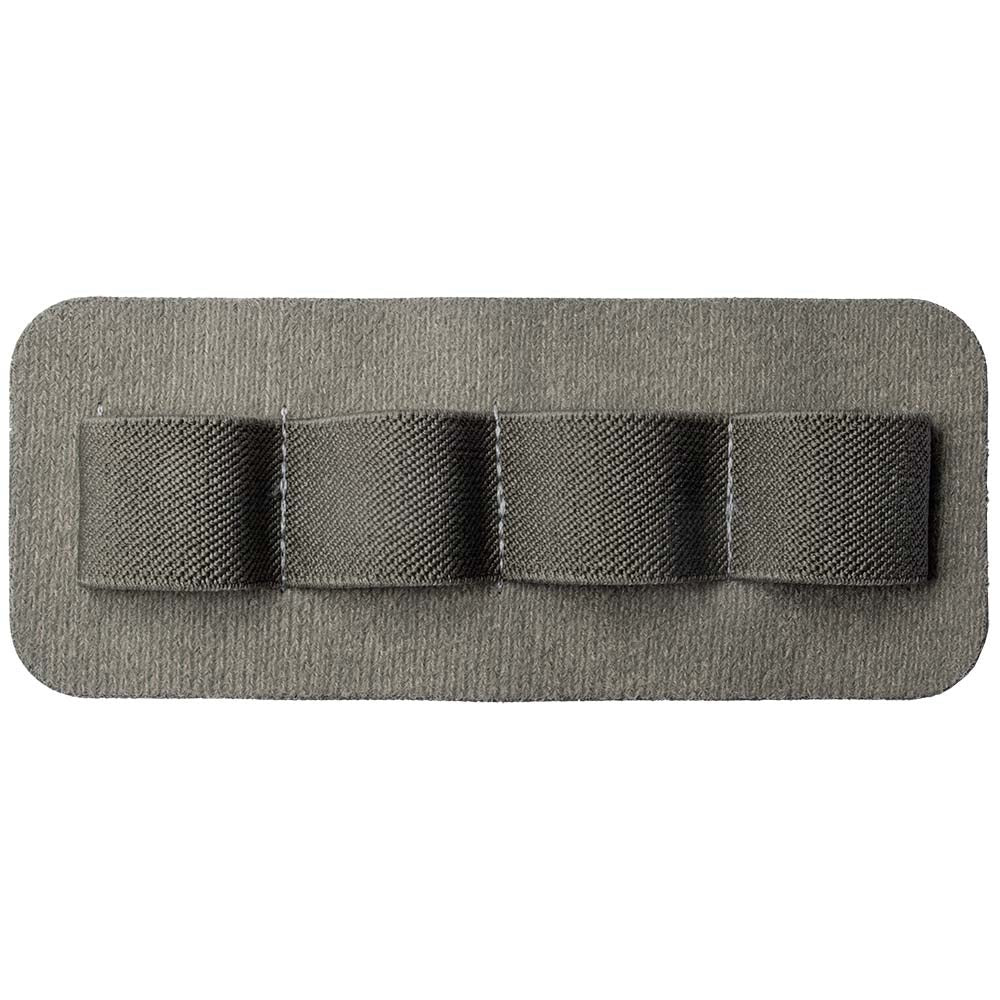 Product photography of a gray fabric pen holder with three elastic loops and subtle stitching details