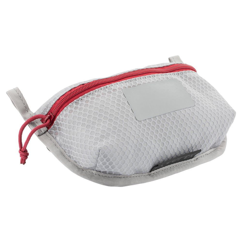 Product shot of a grey honeycomb-textured zippered pouch with a red zipper and reflective label a drawstring closure
