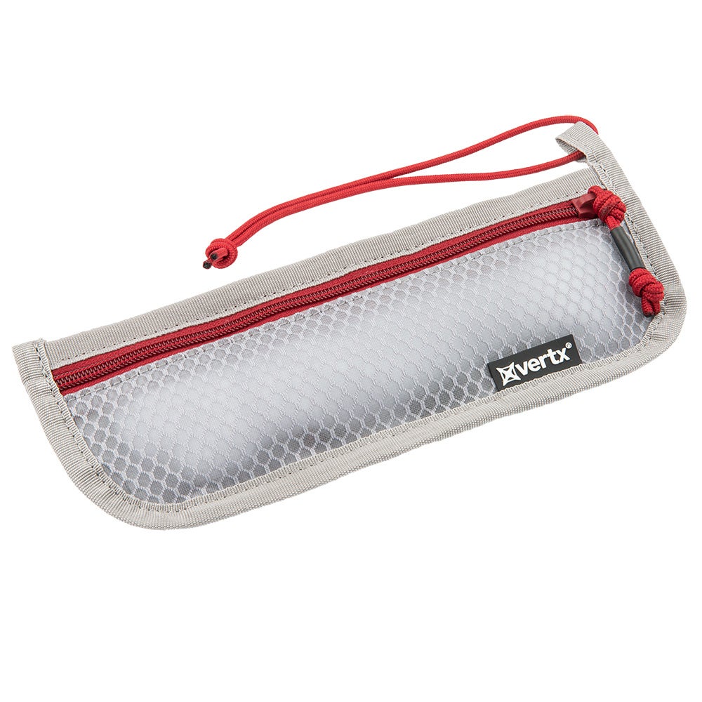 Vertrx gray and red zippered mesh pouch with a drawstring closure showing a red zipper and knotted cords