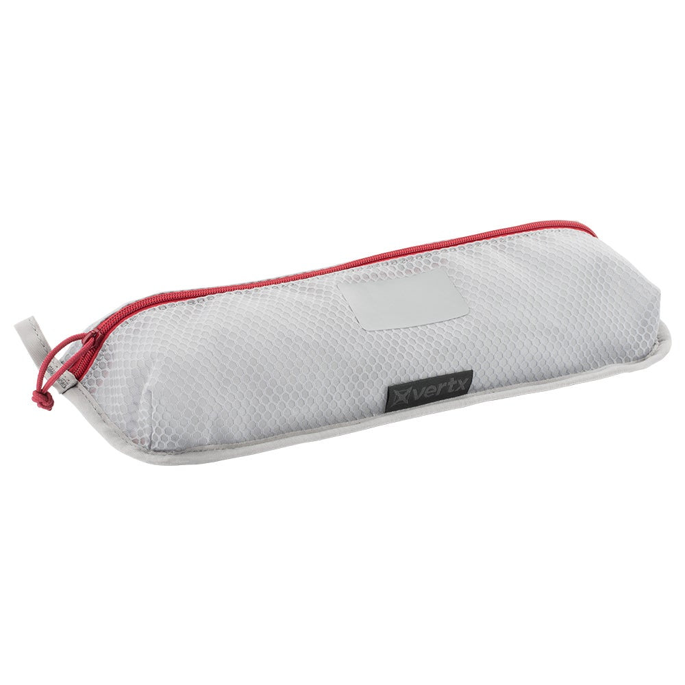 Vertex grey mesh storage case with red zipper and label featuring a drawstring closure and breathable fabric