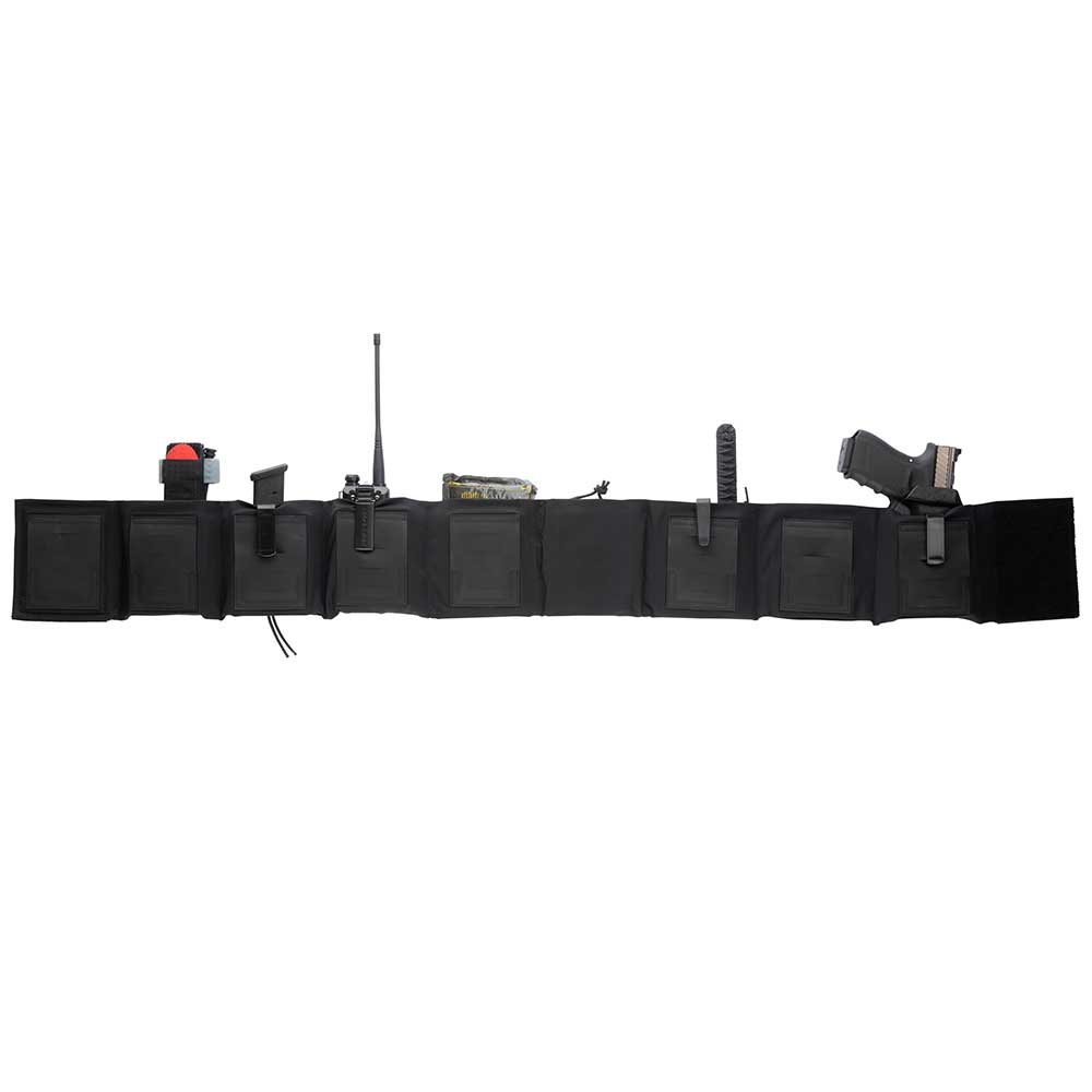 Product photography of a black tactical duty belt with various pouches and accessories including a handgun a radio and a knife on a white background
