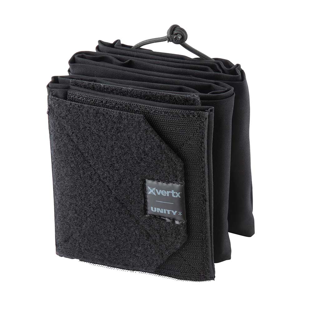 Product shot of a black Vertx Unity tactical panel featuring Velcro straps, a folded design, and a small logo showing the brand name.
