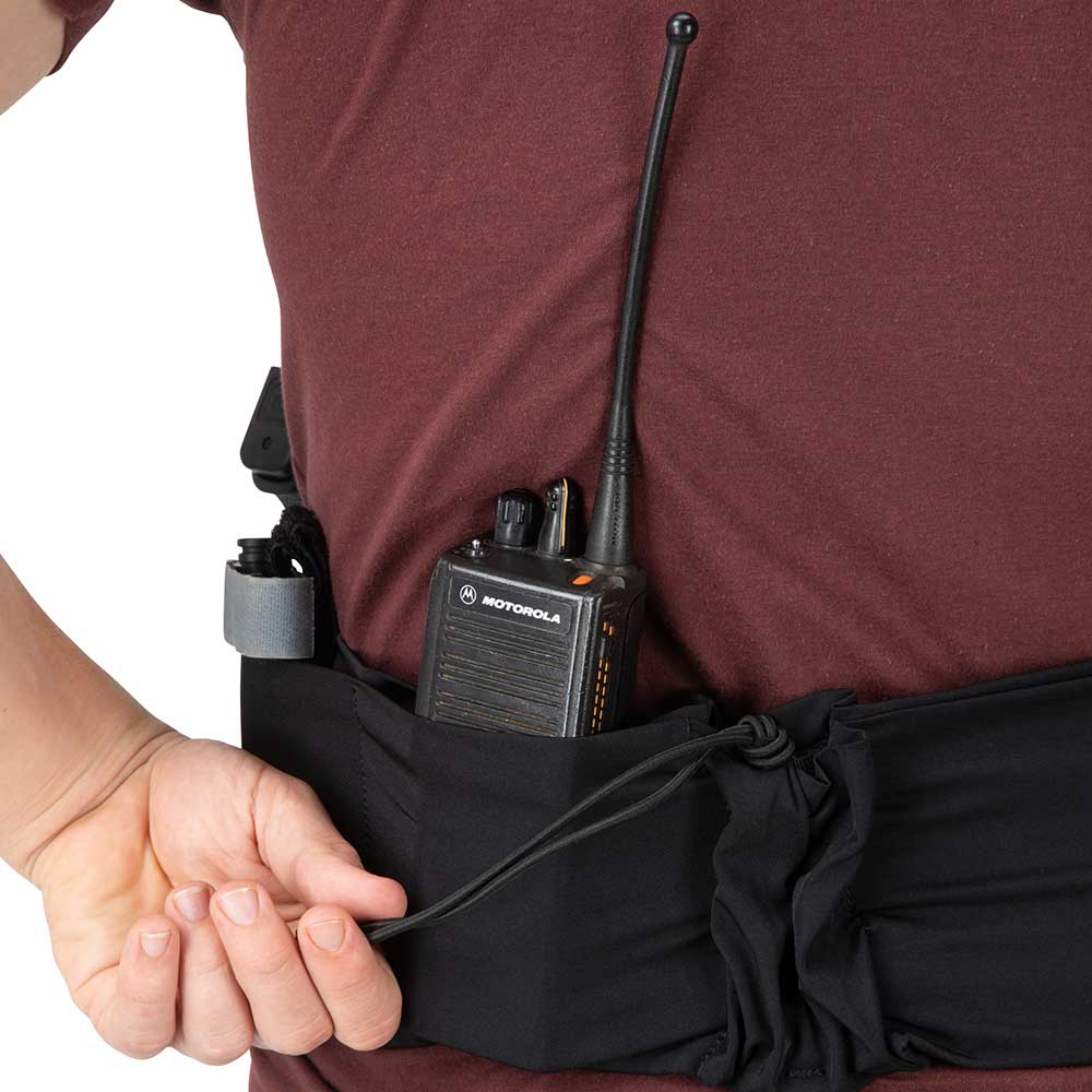 Product shot showing a Motorola radio in a black waist pouch against a maroon shirt with a long antenna and grey accents
