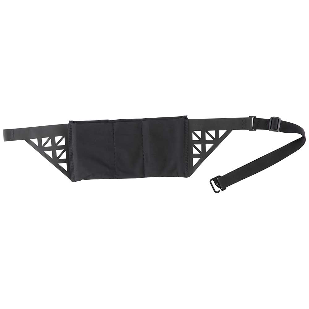 Black nylon tactical waist pack with three compartments adjustable shoulder strap and geometric cutouts showcasing a padded design and sturdy buckle