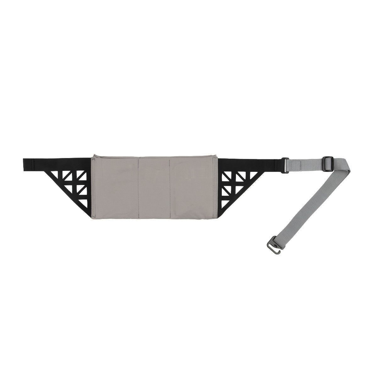 Product shot of a gray and black tactical waist pack with adjustable strap and geometric cutouts featuring a light gray fabric body and black accents