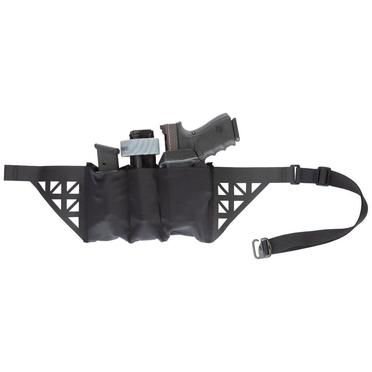 Product photo showing a black tactical belt with a handgun a magazine and other accessories in a minimalist design featuring a unique triangular cut-out pattern and adjustable strap