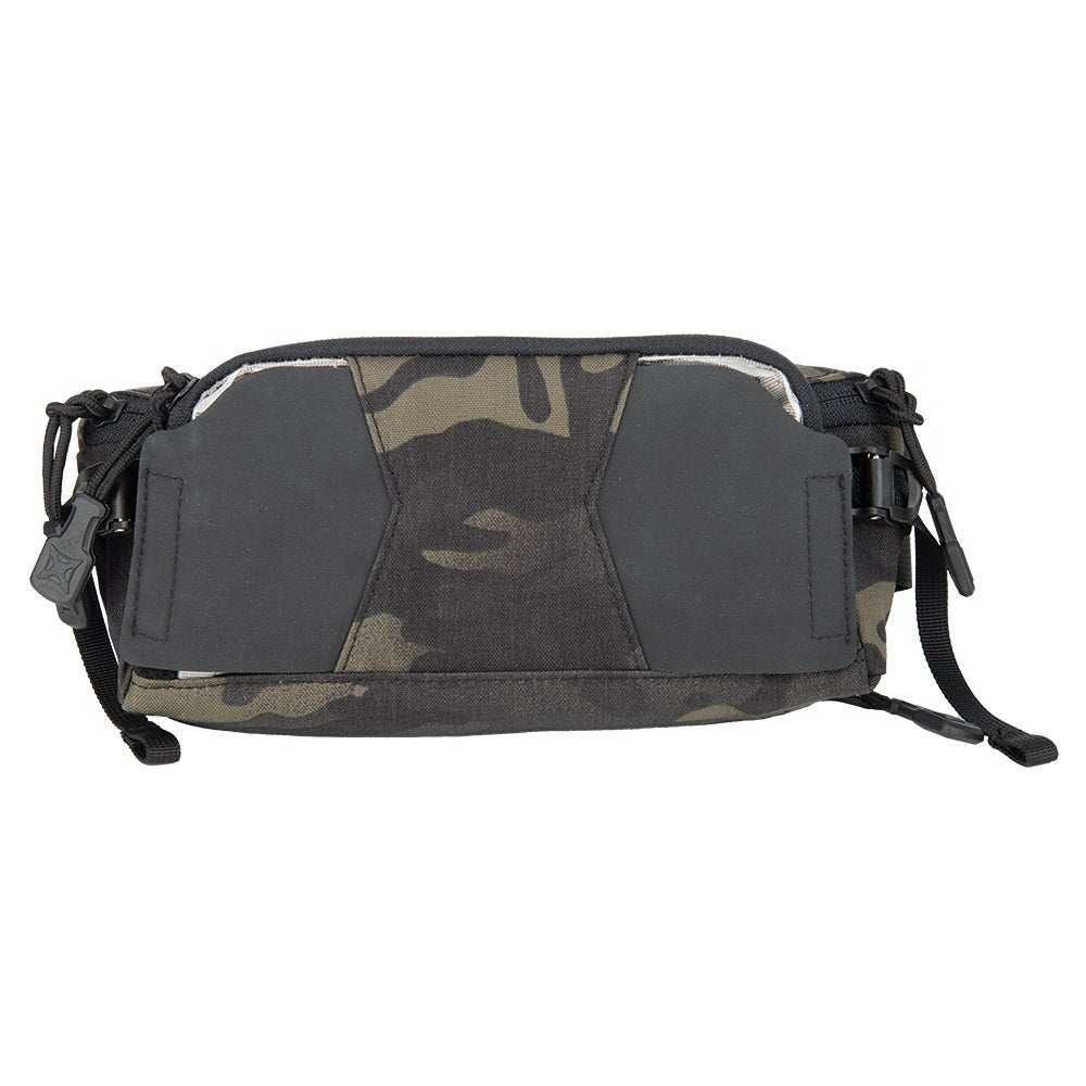 Product shot of a black and green camouflage fanny pack with black accents and zipper pulls featuring reflective detailing