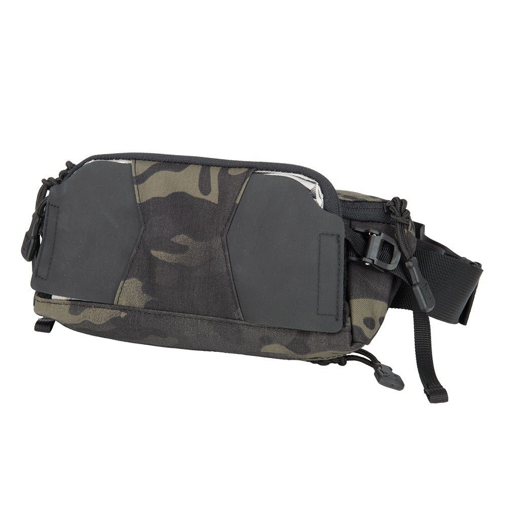 Product shot of a camouflage patterned waist bag featuring black accents adjustable straps and zipper closures