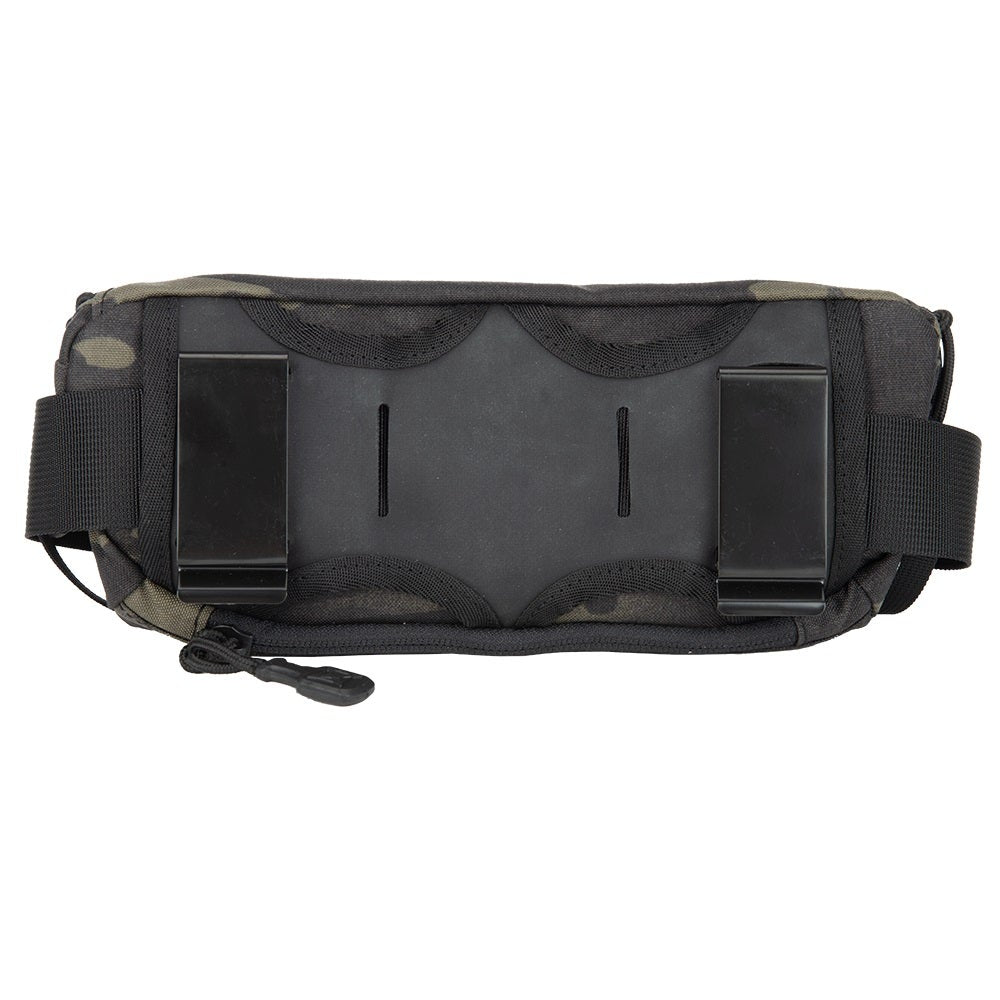 Product shot of a black and camouflage Utility Pouch with two black clips a zipper and subtle stitching details