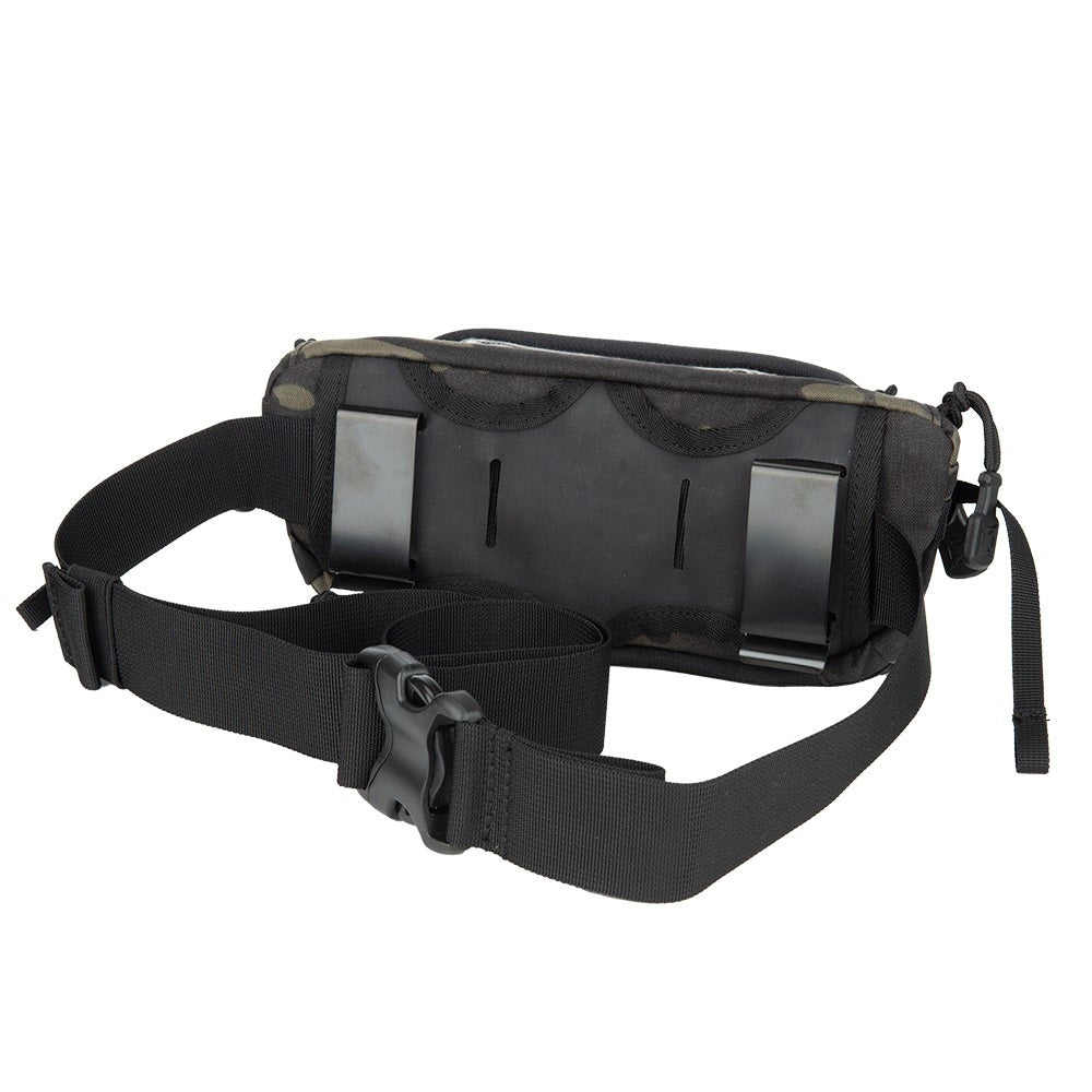 Product shot of a black and camo fabric waist bag with adjustable belt featuring a plastic buckle and three black metal clasps