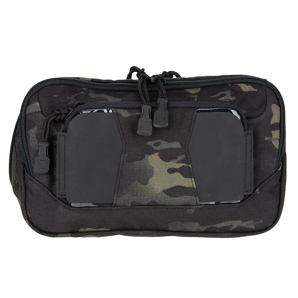 Product shot of a black and camo-patterned bag with multiple zippered pockets and black padded inserts featuring durable zippers and adjustable straps