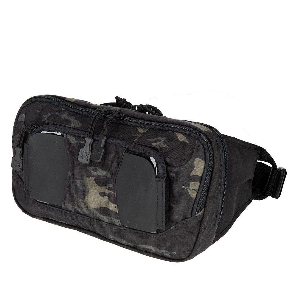 Product shot of a black and camo-patterned 5.11 Tactical Rush Delivery Bag featuring two zippered compartments and adjustable buckle strap