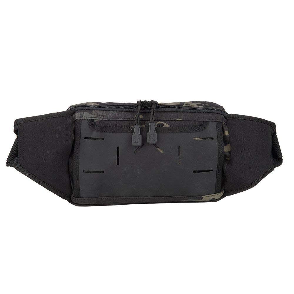 Product shot of a black and camo fanny pack featuring a zipper closure adjustable straps and laser-cut MOLLE webbing