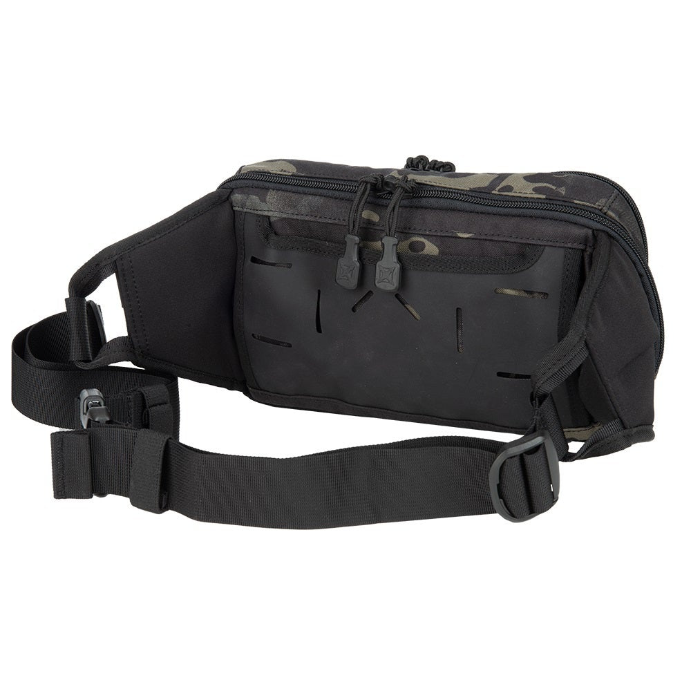 Product shot of a black and camo patterned waist bag with adjustable strap and multiple zippered compartments featuring laser-cut MOLLE attachment points and durable nylon construction