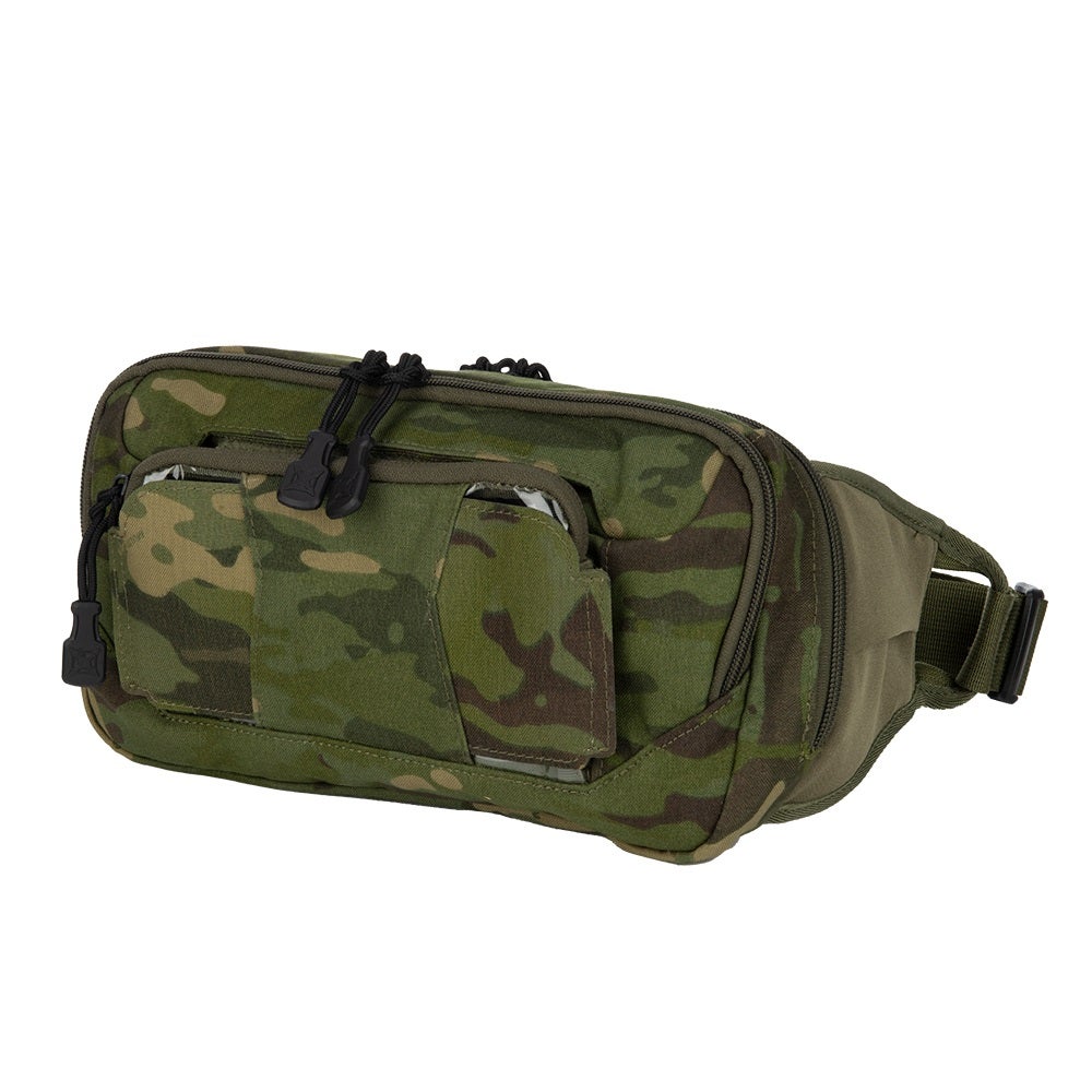 Product shot of a camouflage fanny pack with multiple zippered compartments and adjustable strap featuring olive green brown and tan tones