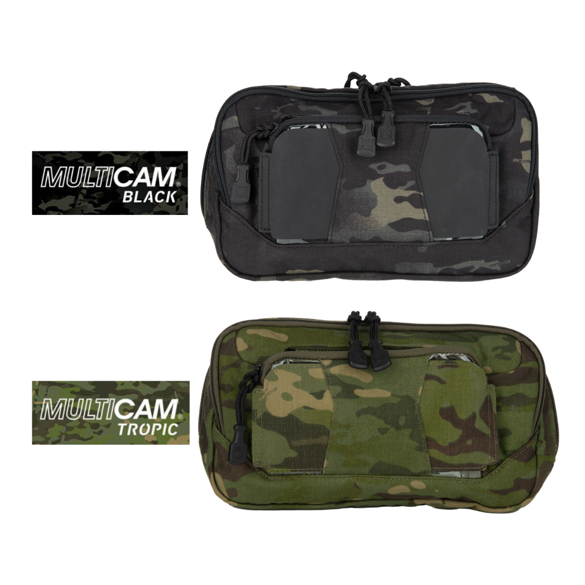 Product shot showing two Multicam patterned pouches one in black and one in tropic featuring zippered compartments and adjustable drawstrings in a camouflage design