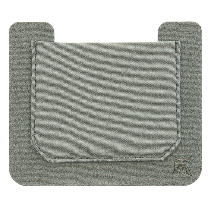 Product shot of a gray fabric pouch with a subtle textured surface and contrasting stitching detail featuring a small embroidered logo