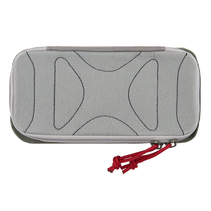 Unknown artist fabric zippered pouch featuring a gray textured surface with dark gray stitching an olive green border and a red zipper pull