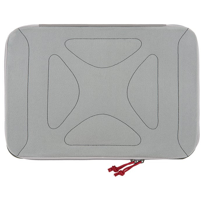 Product shot of a gray felt laptop sleeve with a unique stitched pattern featuring red zipper pulls and subtle gray detailing